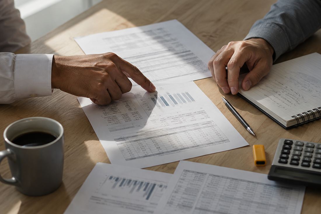 Two people at a desk working through printed management reports, a costing schedule and a notebook.