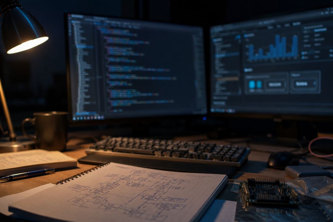 An engineer's desk: source code on one screen, an operations dashboard on the other, and a hand-drawn system diagram alongside.