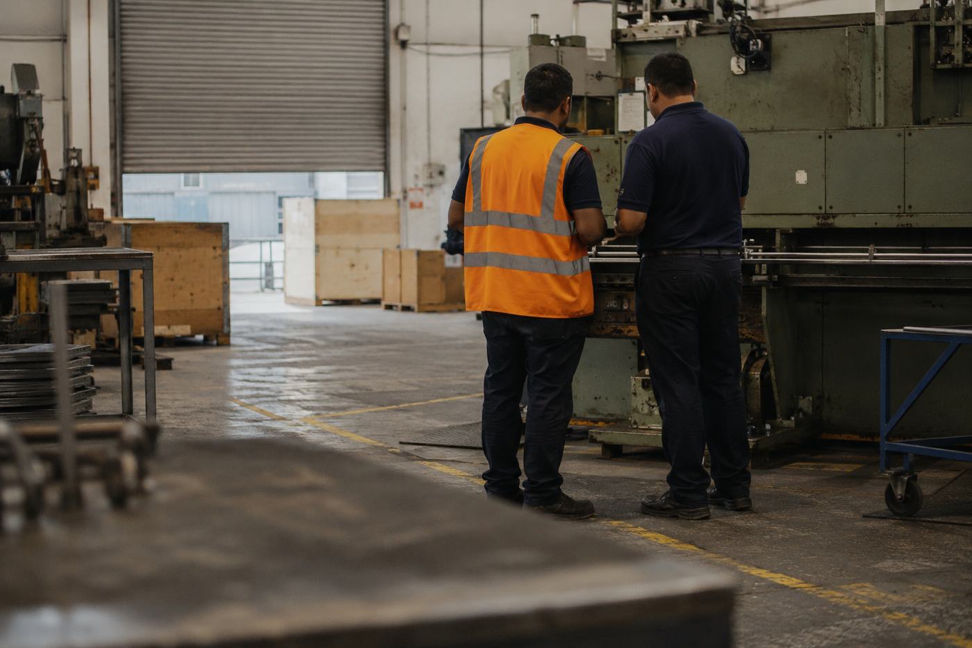 Two people on a production floor, one in a hi-vis vest, talking beside machinery and stacked stock.